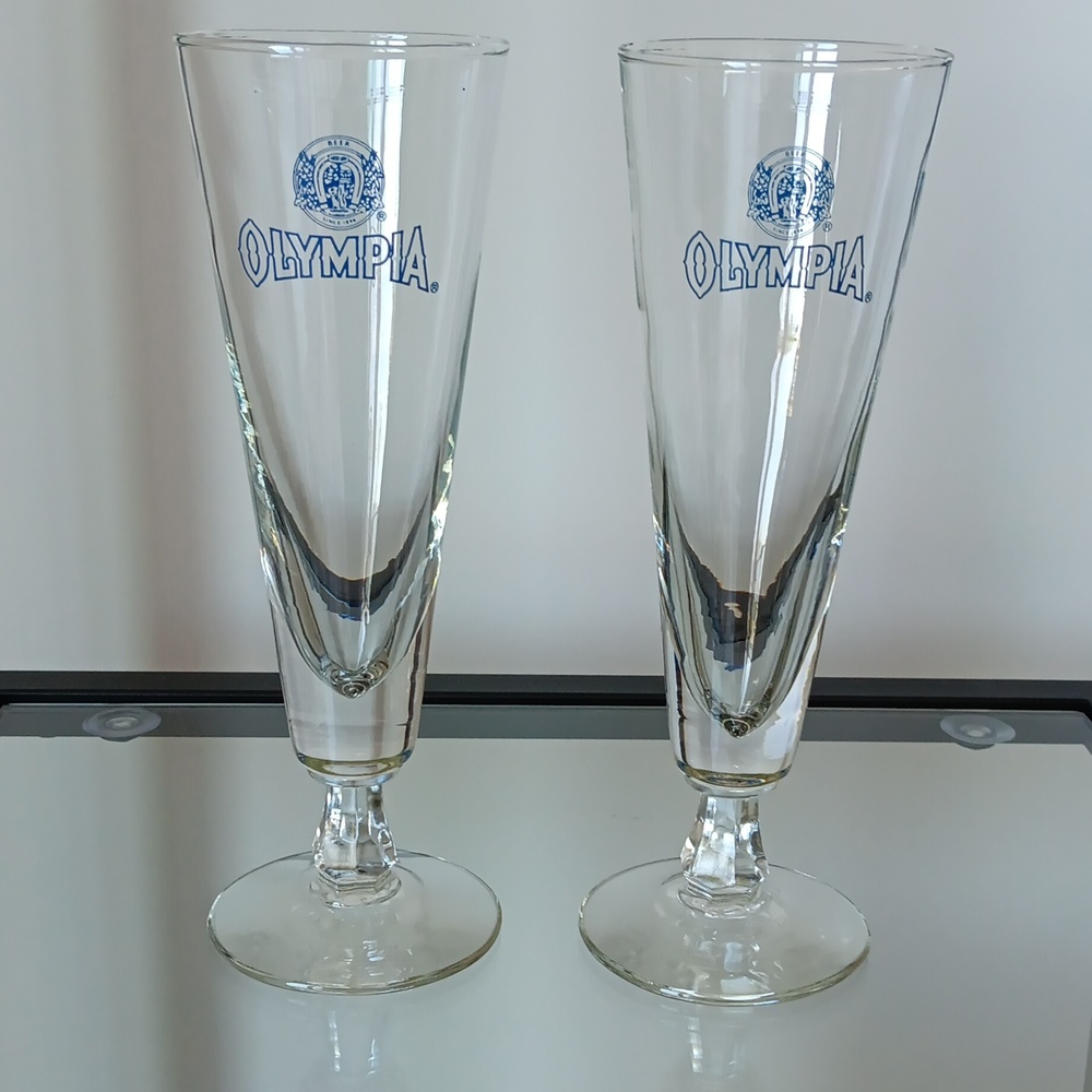 2 Olympia Brewery Footed Pilsner Glasses
